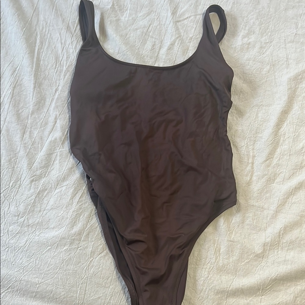 Aerie Solid Chocolate Brown Scoop Neck One-Piece Swimsuit